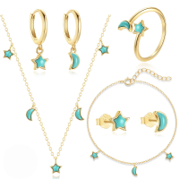 wholesale S925 Sterling Silver Star Moon Turquoise Necklace Bracelet Ring Earring Set-Gold-5-piece set 925 silver