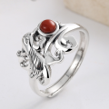 wholesale S925 Sterling Silver Retro Antique Style Inlaid with South Red Agate Wave Pattern Three-Dimensional Ethnic Adjustable Ring-0-2