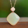 wholesale 925 silver rose gold-plated square natural Hetian jade pendant necklace with certificate, cheongsam, Hanfu, and antique-style accessories-0-0