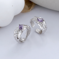 wholesale S925 Sterling Silver Irregular Pleated Square Purple Zirconia Chain Open Ring Light Luxury Style-D141/Platinum B Approx. 6.3g &gt; Opening adjustable