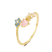 wholesale S925 Sterling Silver Floral Love Open Ring With Zircon And Opal, Korean Style Luxury Ins Small Trendy Index Finger Ring-Gold#1 Adjustable opening
