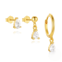 wholesale S925 Sterling Silver Pearl Teardrop Hoop Earrings With Zircon Accents, Cross-border Hot-selling Classic Moon Lightning Geometric Earring Set-3-piece set Gold#2 925 silver