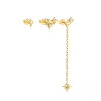 wholesale S925 Sterling Silver Eight-pointed Star Three-piece Set, Zircon-studded Chain Tassel Earrings, Classic European And American Best-seller-3-piece set - gold 925 silver