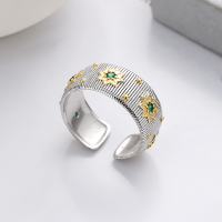 wholesale S925 Sterling Silver Creative and Unique Style Color-Block Sunflower with Green Zircon Open Ring-983FJ/approx. 5g Opening adjustable