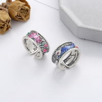 wholesale S925 Sterling Silver Retro Antique Filigree Openwork Lotus Resin Enamel Creative Ethnic Style Adjustable Ring-YJ853M/A approx. 6.3g &gt; opening adjustable
