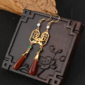 wholesale 925 Silver with Certificate New Chinese Style Ancient Wind Earrings, National Trend Window Flower Lotus Inlaid with Red Agate and Chalcedony Earrings-0-1