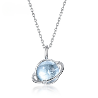 wholesale S925 Sterling Silver Minimalist and Light Luxury Universe Planet Pendant Necklace with Sky Blue Topaz, Small Batch Design-Thick silver platinum (pendant does not include chain)  925 silver