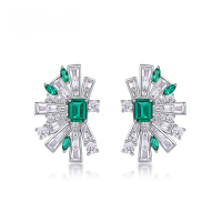 wholesale S925 Sterling Silver Geometric Half-Fan Vintage Cultured Emerald Premium Ear Studs Euro-American Luxury-Thick Silver Platinum 925 Silver