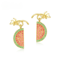 wholesale S925 silver plated with 10K gold Korean creative watermelon fruit earrings cute and fresh earrings one-piece drop shipping-10K gold + swimming paint  925 silver