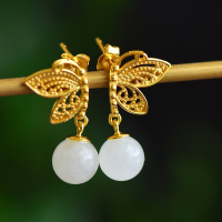 wholesale [Gold-Plated 925 Silver Butterfly Inlaid with Hetian Jade Earrings, Wholesale Palace Ancient Style 8mm Round Bead Jade Ear Drops]-8mm Hetian Jade Butterfly Earrings 925 Silver