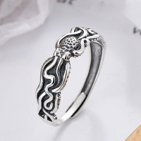 wholesale S925 Sterling Silver Retro Couple Octopus 3D Pattern Wide Band Trendy Versatile Open Adjustable Ring-YFJ523/about 2.9 grams