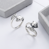 wholesale S925 Sterling Silver Vintage Antique Matte Ethnic Style Coin 3D Fox Design Adjustable Ring-766FJ/matt about 4g opening adjustable
