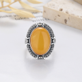 wholesale S925 Sterling Silver Retro Fashion Exaggerated Oval Amber Beeswax Stone Ring with Ornate Luxurious Pattern Index Finger Ring-0-3