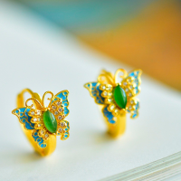 wholesale 925 Silver Inlaid with Hetian Jade Certificate New Chinese-style Earrings Palace-style Enamel Butterfly Ear Clips-Gold Enamel Butterfly Earrings 925 Silver