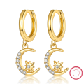 wholesale Metal: 925 Sterling Silver Star and moon earrings for women,, gold-plated with cubic zirconia inlay, cross-border European and American jewelry-0-0