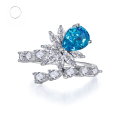 wholesale S925 Silver 7*10 Pear Shape Aqua Blue High Carbon Diamond Ring European and American Cross-Border White Gold Diamond Ring-0-0