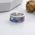 wholesale S925 Sterling Silver Retro Artistic Ethnic Style Classical Elegance Drip Glaze Blue Koi Lotus Adjustable Ring-0-2
