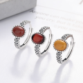 wholesale S925 Sterling Silver Retro Antique Style Coin Red Agate/Amber/Blood Amber Ring Light Luxury National Tide Adjustable Ring-0-0