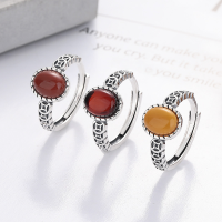 wholesale S925 Sterling Silver Retro Antique Style Coin Red Agate/Amber/Blood Amber Ring Light Luxury National Tide Adjustable Ring-239FJJA/approx. 3.5g Adjustable opening