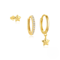 wholesale S925 Sterling Silver Classic Five-pointed Star Earring Set With Zircon And Flower Petals-3-piece set, gold#4&gt;925 silver