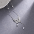 wholesale S925 silver butterfly pearl necklace for women, trendy tassel collarbone chain with elegant micro-set zircon pendant, drop shipping available-0-0
