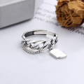 wholesale S925 Sterling Silver Korean-style chain link English small square plaque open-adjustable ring unisex-0-1