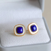 wholesale S925 Silver Natural Lapis Lazuli Mother-of-Pearl Square Stud Earrings Retro Fashion Minimalist Niche Luxury Versatile Earrings-Natural lapis lazuli square earrings