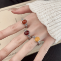 wholesale S925 Sterling Silver Retro Antique Style Coin Red Agate/Amber/Blood Amber Ring Light Luxury National Tide Adjustable Ring-0-1