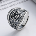 wholesale S925 Sterling Silver Vintage Retro Floral Rose Ethnic Pattern Creative Niche Open Adjustable Ring-0-0