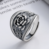 wholesale S925 Sterling Silver Vintage Retro Floral Rose Ethnic Pattern Creative Niche Open Adjustable Ring-YJ718/approx. 9.1g Adjustable opening