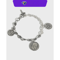 wholesale S925 Sterling Silver YHT001 Korean Version Heavy Work Retro Napoleon Head Coin Pendant Chain Bracelet for Women-Vintage Silver 925 Silver