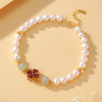 wholesale Metal material, Yaxi garnet four-leaf clover natural freshwater pearl bracelet new Chinese style simple and elegant trendy bracelet gift-Four-leaf Clover Garnet Pearl Bracelet / Approx. 8.33g &gt;SL010677