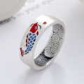 wholesale S925 Sterling Silver Antiqued Matte Craft Chinese Style Enamel Red Koi Fortune Fish "Like a Fish in Water" Ring-0-0