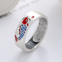 wholesale S925 Sterling Silver Antiqued Matte Craft Chinese Style Enamel Red Koi Fortune Fish "Like a Fish in Water" Ring-822FJ/approx. 6.6g Adjustable opening