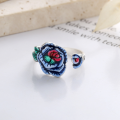 wholesale S925 sterling silver retro matte ethnic style resin color-mixed rose open ring elegant finger ring-0-3
