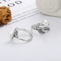 wholesale S925 sterling silver vintage pearl-inlaid leaf-shaped open ring, fresh pastoral style luxury index finger ring-0-1
