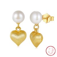 wholesale S925 Sterling Silver Earrings with Cultured Freshwater Pearls and 14K Gold Heart Pendant Factory Direct-14K gold, natural freshwater pearl, approximately 1.86g>925 silver