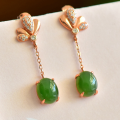 wholesale 925 silver rose gold-plated long earrings with Hetian jade, certified natural green jade earrings for women-0-0