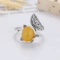 wholesale S925 Sterling Silver Vintage Style Small Fox Amber Beeswax Stone Trendy Chinese-inspired Adjustable Ring-0-3