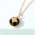 wholesale S925 Gold-Plated Silver with White Zircon and Black Onyx Four-Leaf Clover Necklace in Japanese Retro Style for Women, Mori Girl Style-0-0