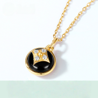 wholesale S925 Gold-Plated Silver with White Zircon and Black Onyx Four-Leaf Clover Necklace in Japanese Retro Style for Women, Mori Girl Style-Black agate (pendant without chain)  925 silver