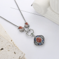 wholesale S925 Sterling Silver Guochao Palace Style Resin Cloisonné Lotus with South Red Agate Fragrance Pouch Pendant-0-2