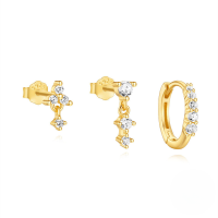 wholesale S925 Sterling Silver Classic Eight-pointed Star Zircon Ear Hoop And Stud Earring Set,-3-piece set Gold#2 925 silver