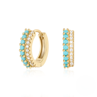 wholesale S925 Sterling Silver Double Row Mixed Color Zircon Inlaid Hoop Ear Clasp Earrings, Popular In Europe And America, Trendy Ins Style-Gold-White Diamond+Turquoise 925 Silver