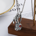 wholesale S925 Sterling Silver Trendy Vintage Cute Big-Eared Red-Eyed Rabbit Head Pendant Necklace-0-2