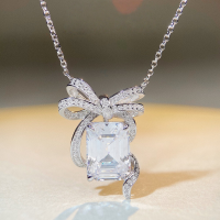 wholesale S925 Sterling Silver Bow Necklace for Women with 10-Carat High Carbon Diamond Zircon Pendant-White-XL036>925 Silver