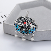 wholesale S990 Silver Retro Enamel Dragon and Phoenix Auspicious Fortune Character Peace Lock Pendant Ethnic Style Versatile Accessory-185PM/about 13.8g