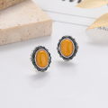 wholesale S925 Sterling Silver Retro Vintage Pattern Inlaid Oval Amber Stone Earrings Creative Versatile Design-0-1