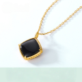 wholesale S925 silver gold-plated Japanese retro-style black agate geometric lattice pendant necklace with an elegant vintage diamond-shaped pendant-0-0
