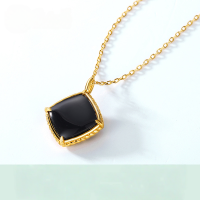 wholesale S925 silver gold-plated Japanese retro-style black agate geometric lattice pendant necklace with an elegant vintage diamond-shaped pendant-Pendant without chain>925 silver